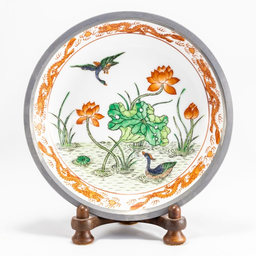 Japanese Ash Tray Encased Hand Painted Hong Kong Orange Dragon Bird Lotus Asian